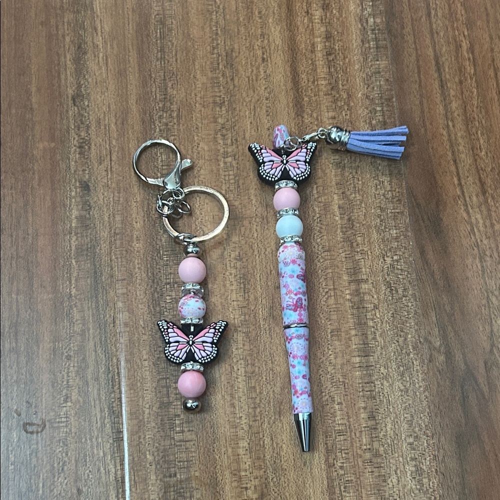 Pink Butterfly Keychain and Pen Set